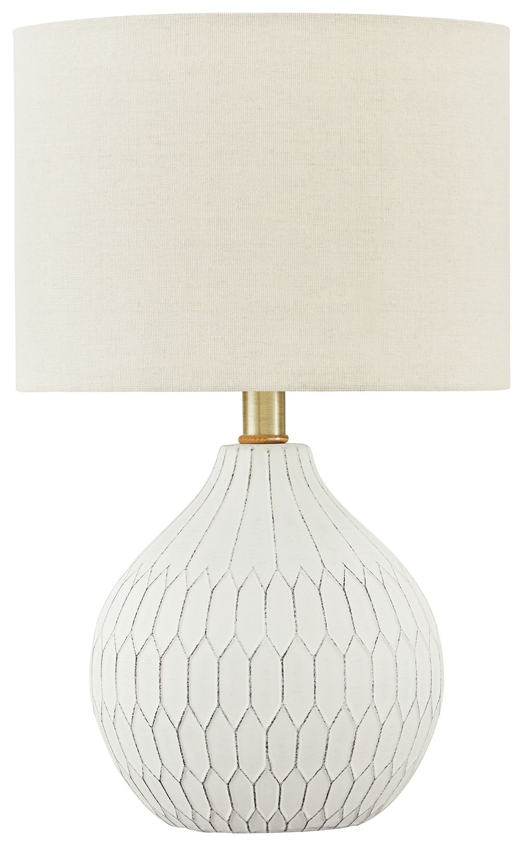 Ceramic table lamp with white fabric shade and white diamond-patterned base, brass stem