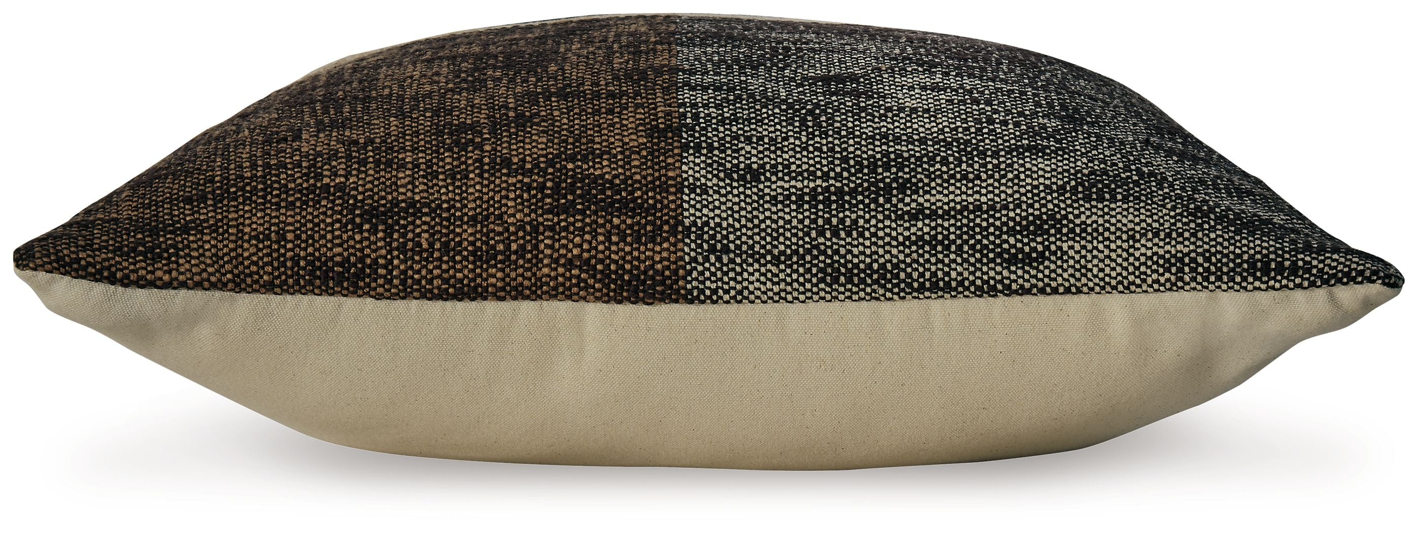Linen-style throw pillow profile with dark top panel, beige front, and stitched edge