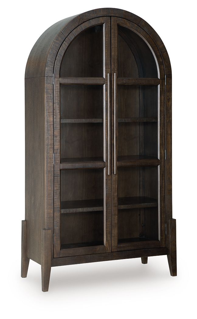 Dark brown accent cabinet with arched double doors and four interior shelves