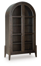 Dark brown accent cabinet with arched double doors and four interior shelves