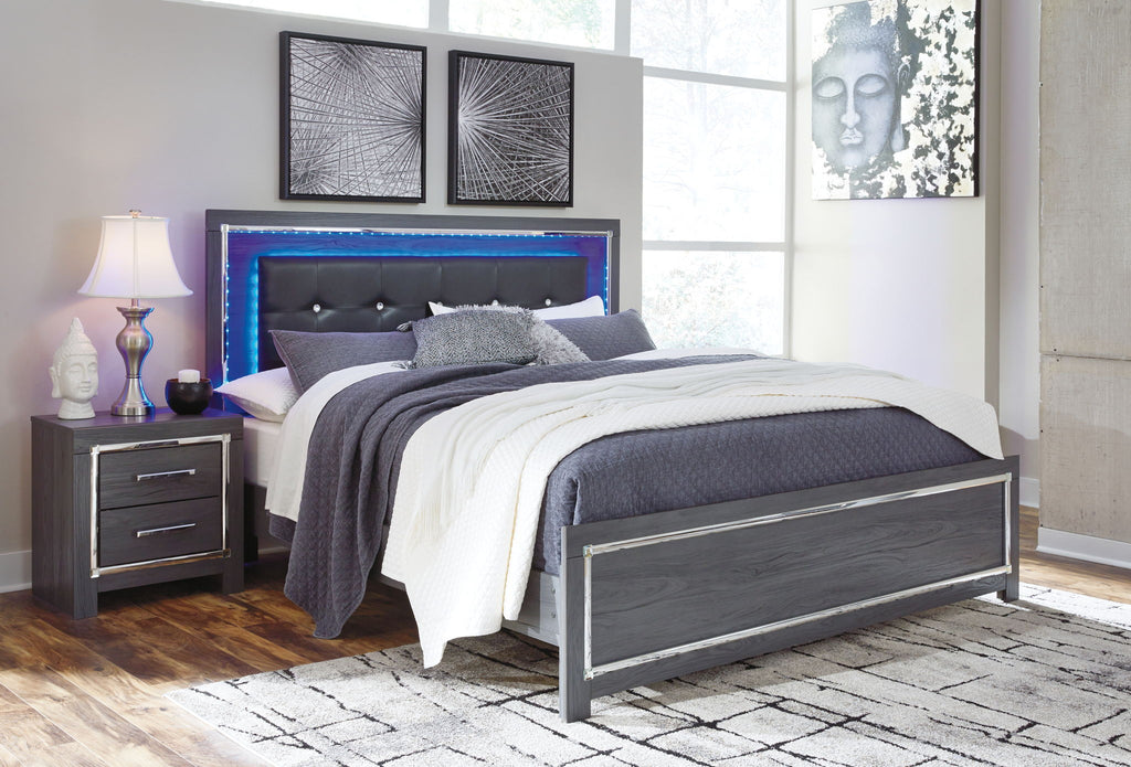 Gray panel bed with dark headboard and storage drawers, blue LED light behind headboard