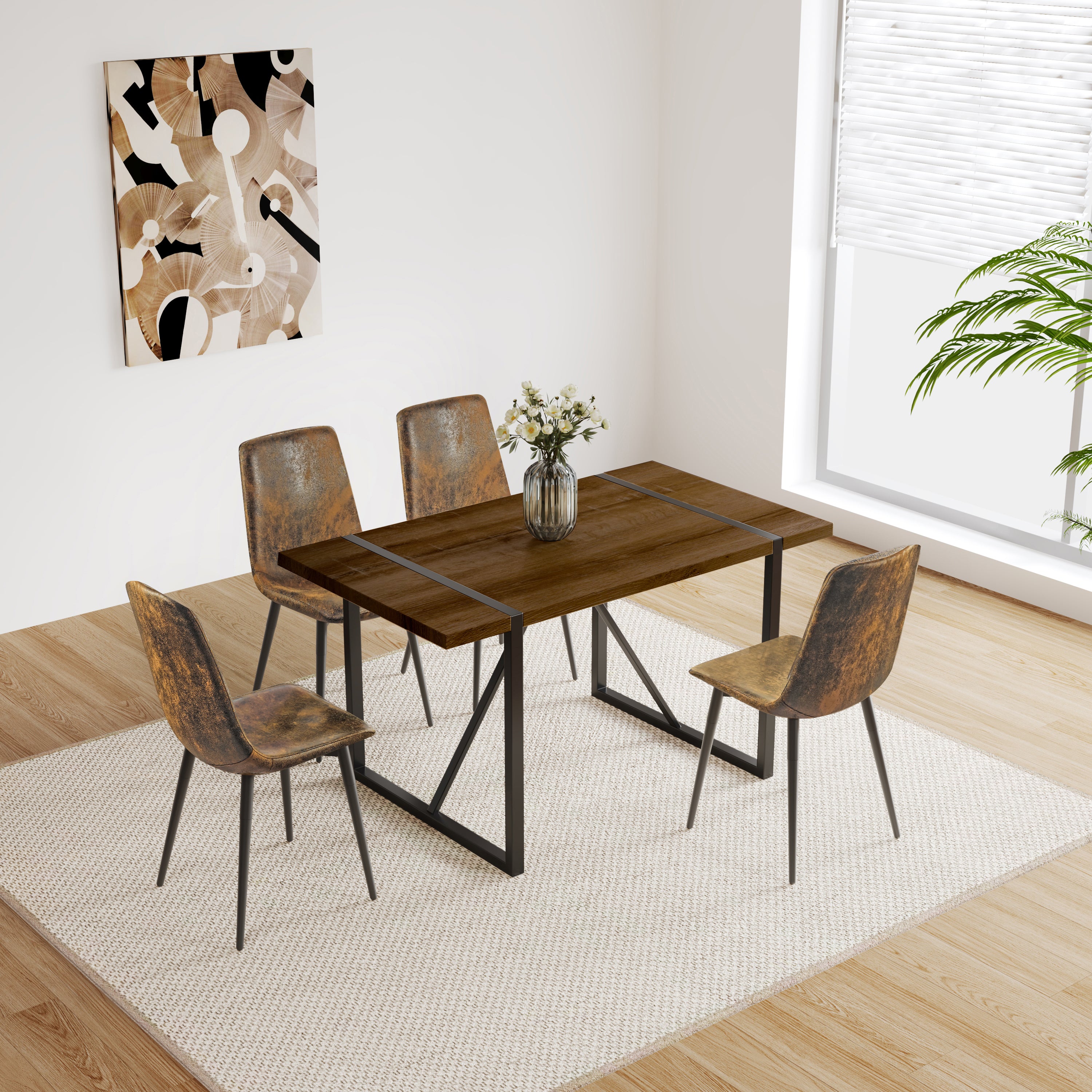 55" Walnut Dining Table & 4 Chairs Set