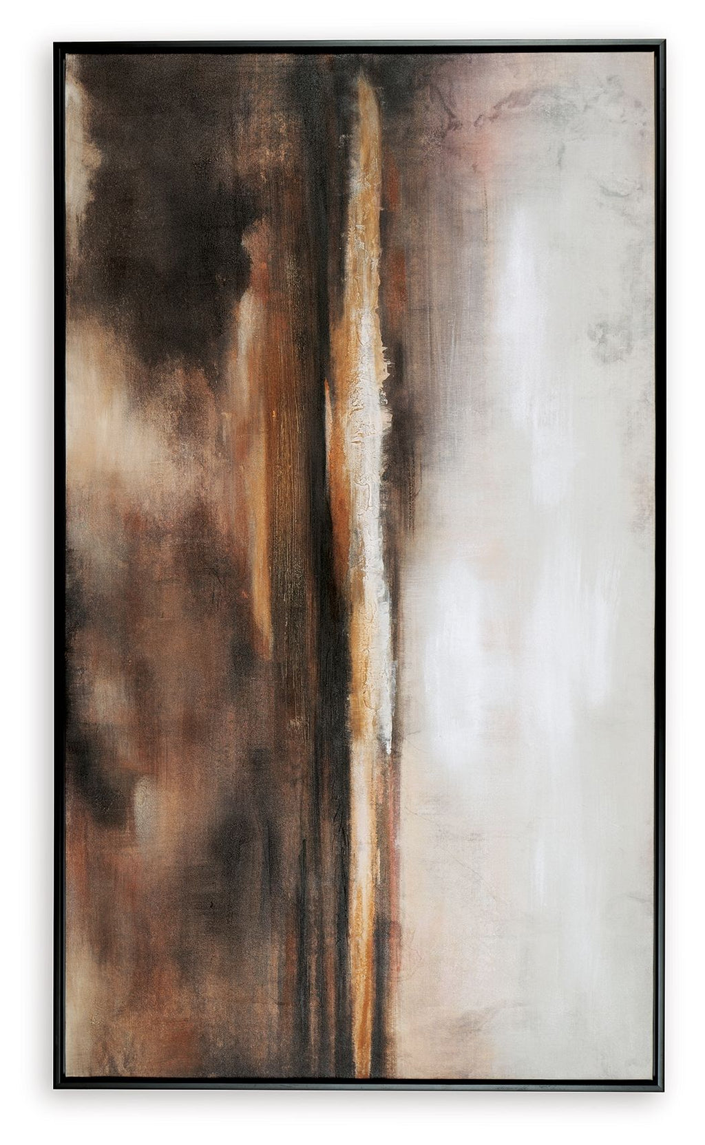 Abstract vertical wall art print with dark brown and orange highlights, black-framed