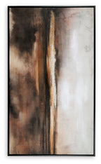 Abstract vertical wall art print with dark brown and orange highlights, black-framed