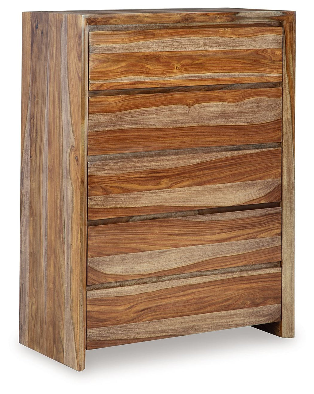 Five-drawer wooden chest in brown with visible wood-grain drawer fronts