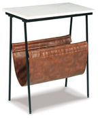 Accent table with white top, black legs, and brown leather front magazine holder