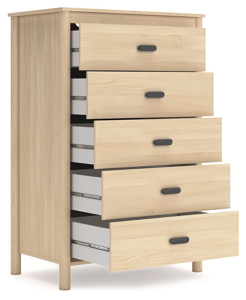 Tan five-drawer chest with drawers pulled out, showing inner rails.