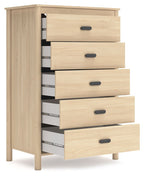 Tan five-drawer chest with drawers pulled out, showing inner rails.