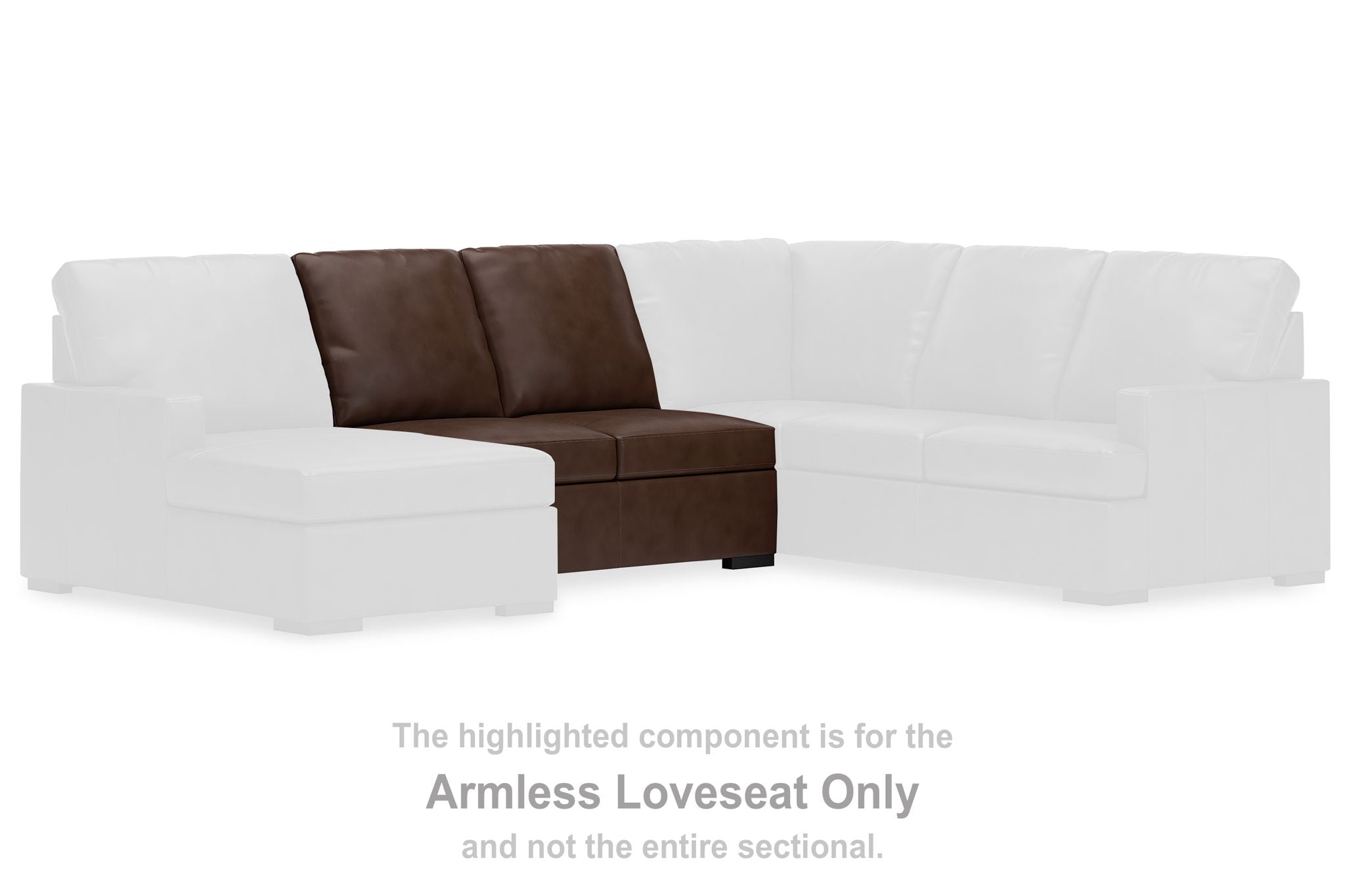 Coffee-brown armless loveseat component with padded back and seat, black base