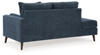 Blue corner chaise sofa with two back cushions and angled arm panels