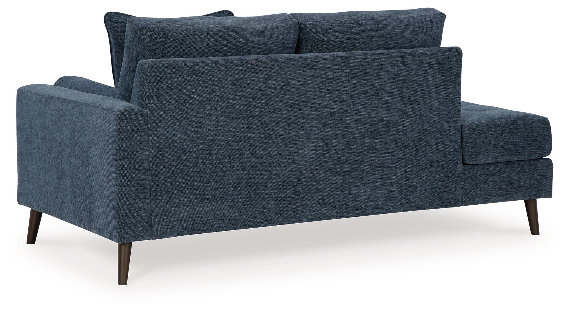 Blue corner chaise sofa with two back cushions and angled arm panels