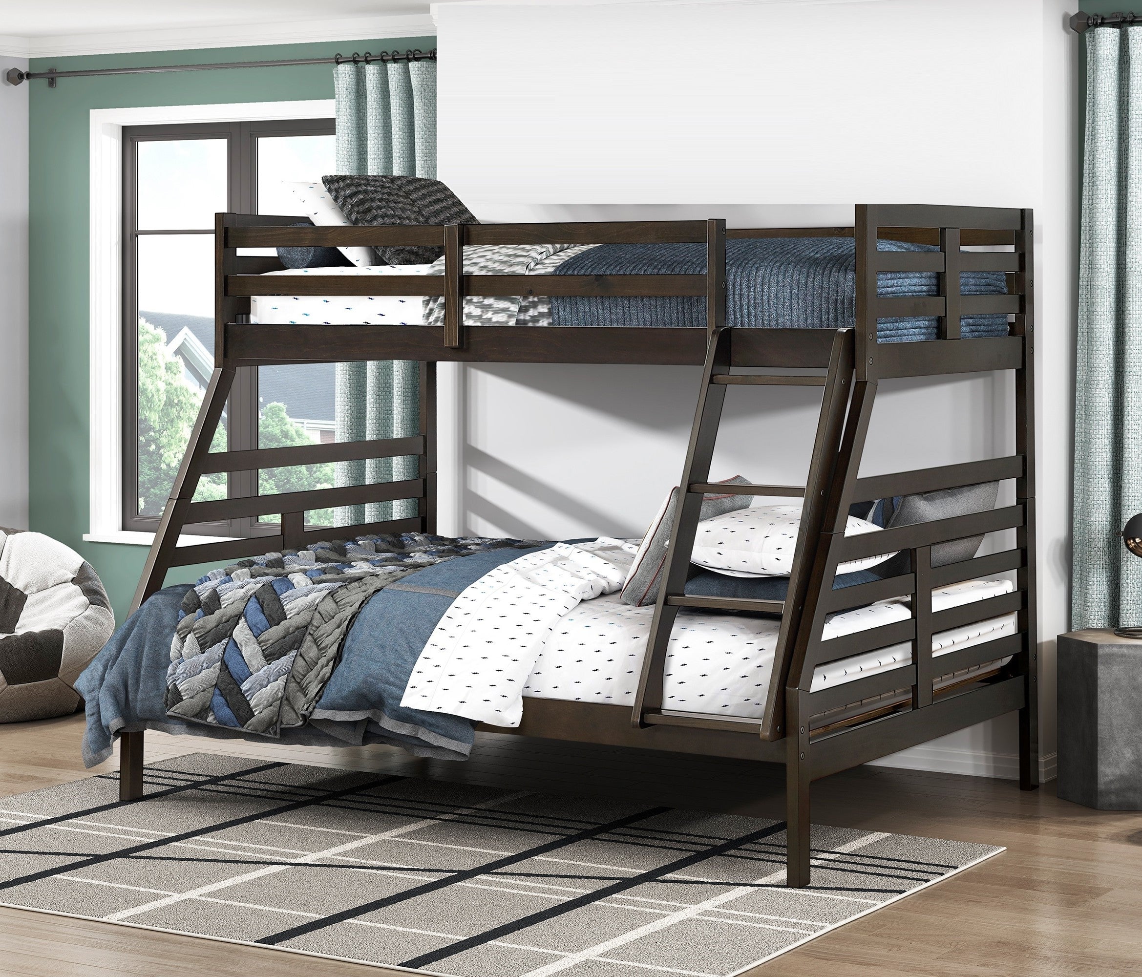 Twin Over Full Bunk Bed - Classic Dark Brown Wood Youth Furniture