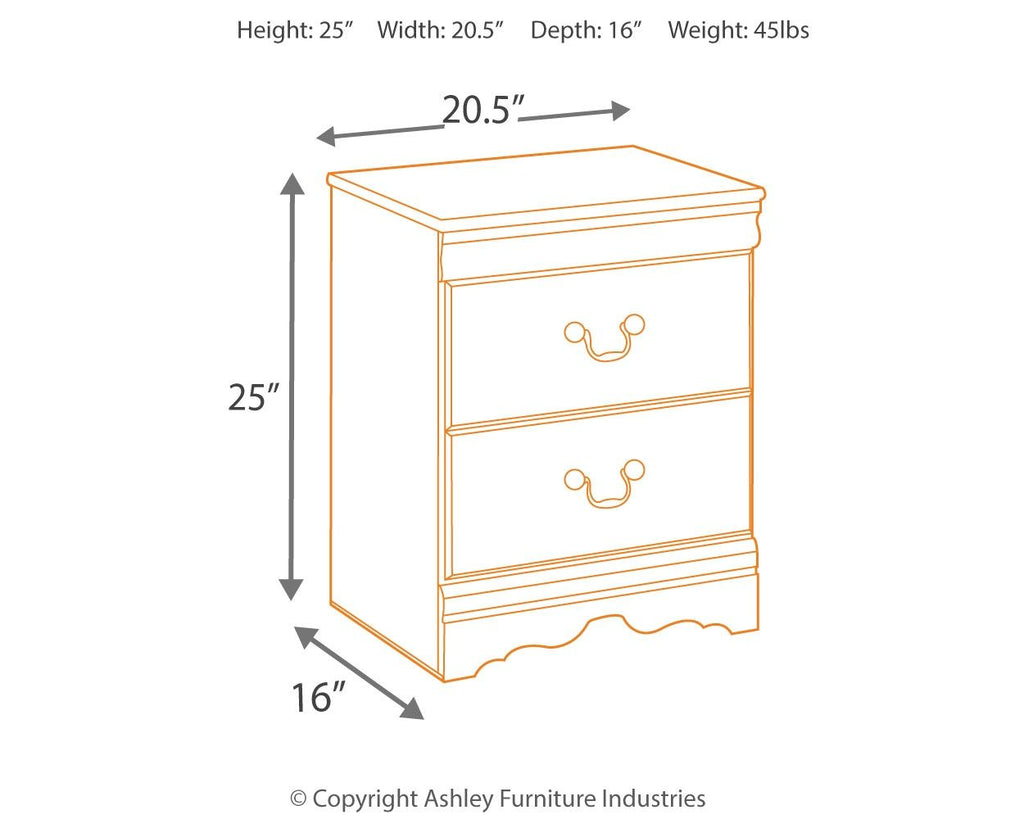 Two-drawer nightstand dimensions: 25 in H, 20.5 in W, 16 in D