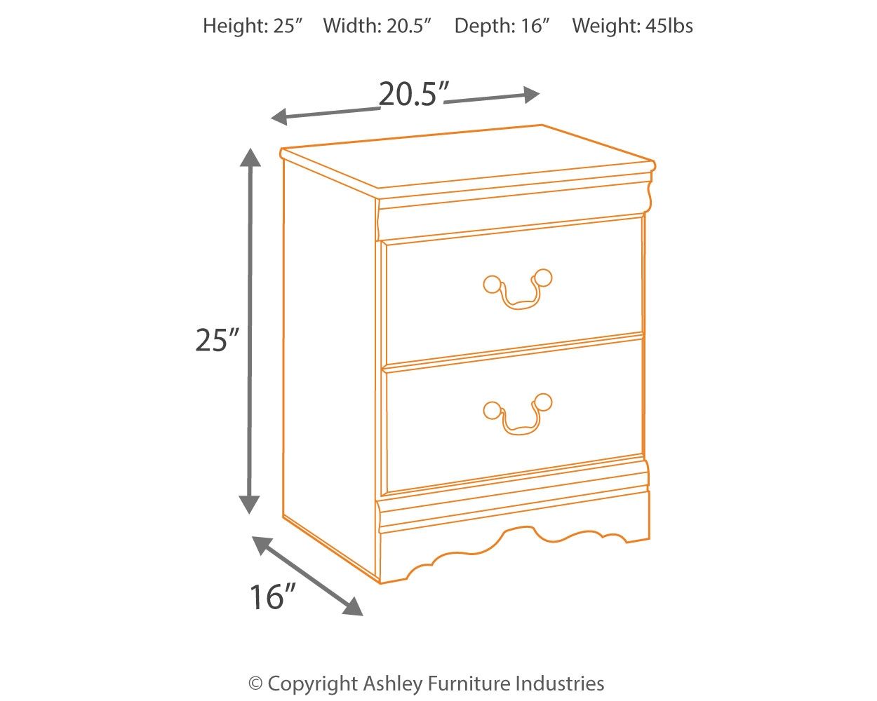 Two-drawer nightstand dimensions: 25 in H, 20.5 in W, 16 in D