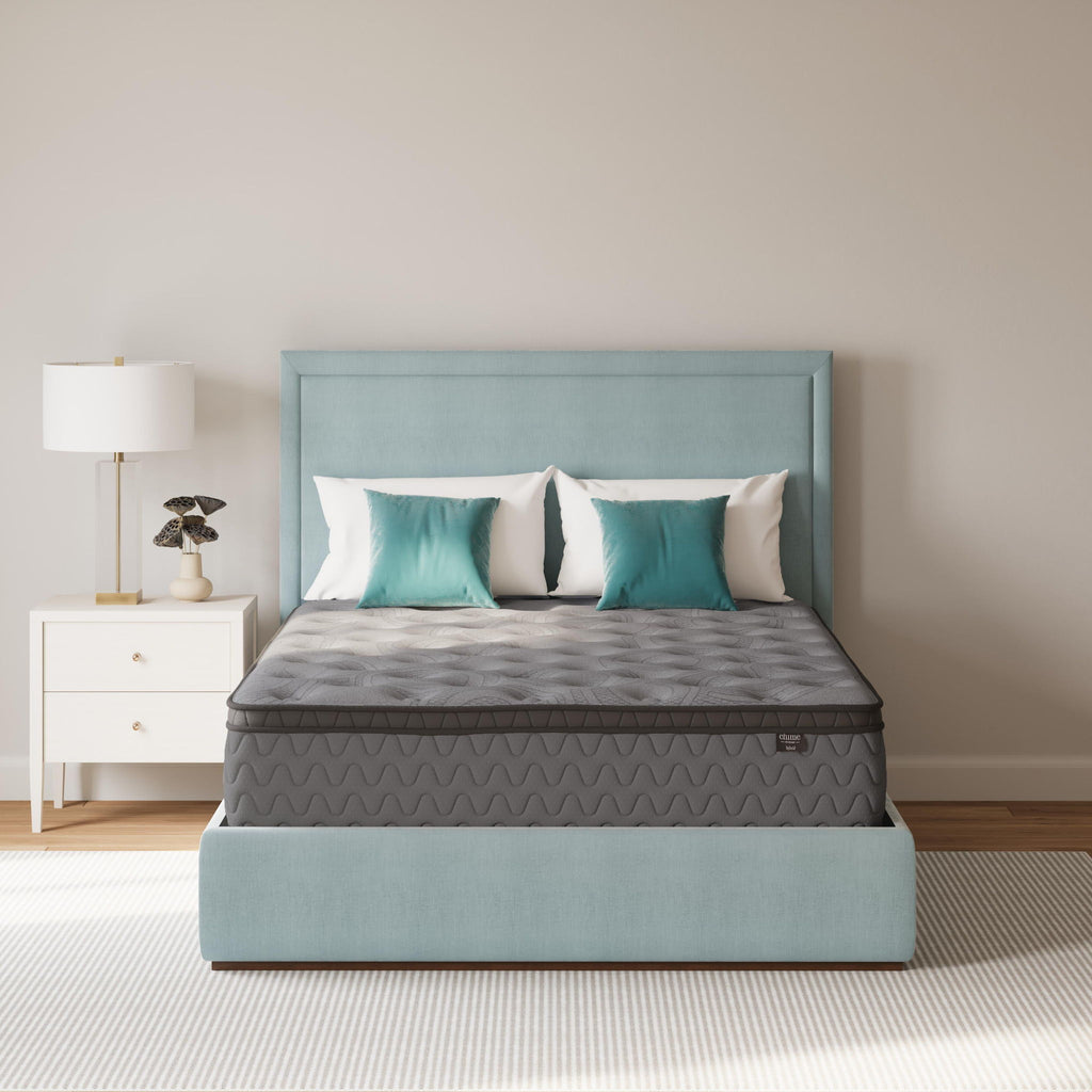 Gray firm mattress with quilted top and black base skirt