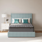 Gray firm mattress with quilted top and black base skirt