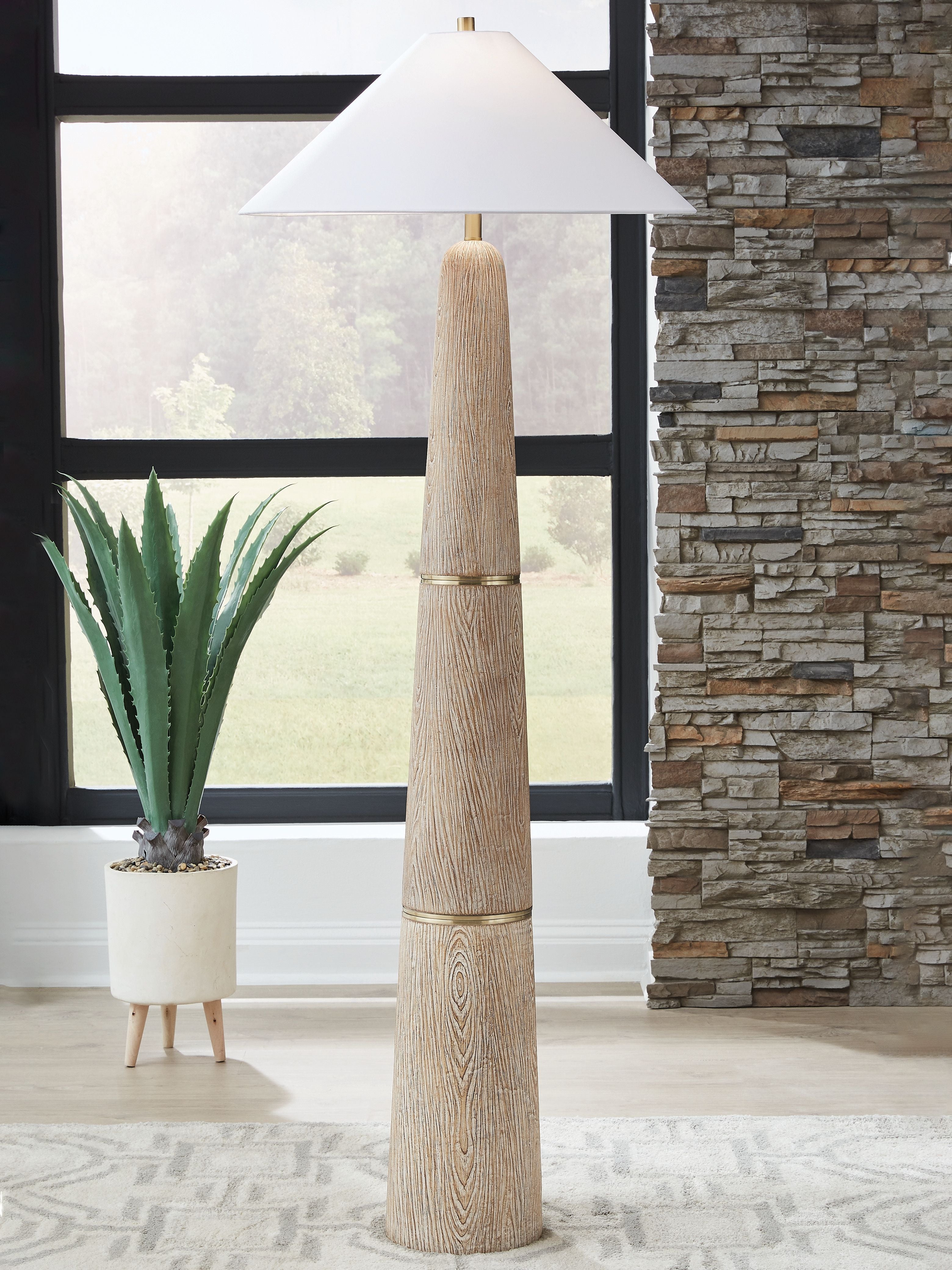 Brown poly floor lamp with white drum shade and gold-accented stem