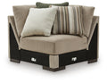 Fabric upholstered sectional wedge with two throw pillows in beige and striped accents