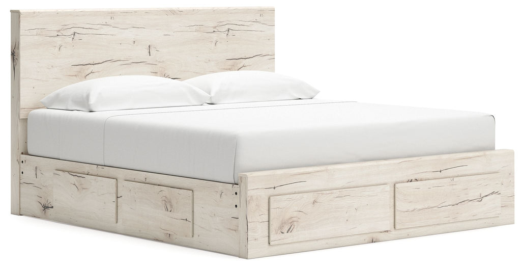 Panel bed with storage, white mattress, light wood front with two drawer doors