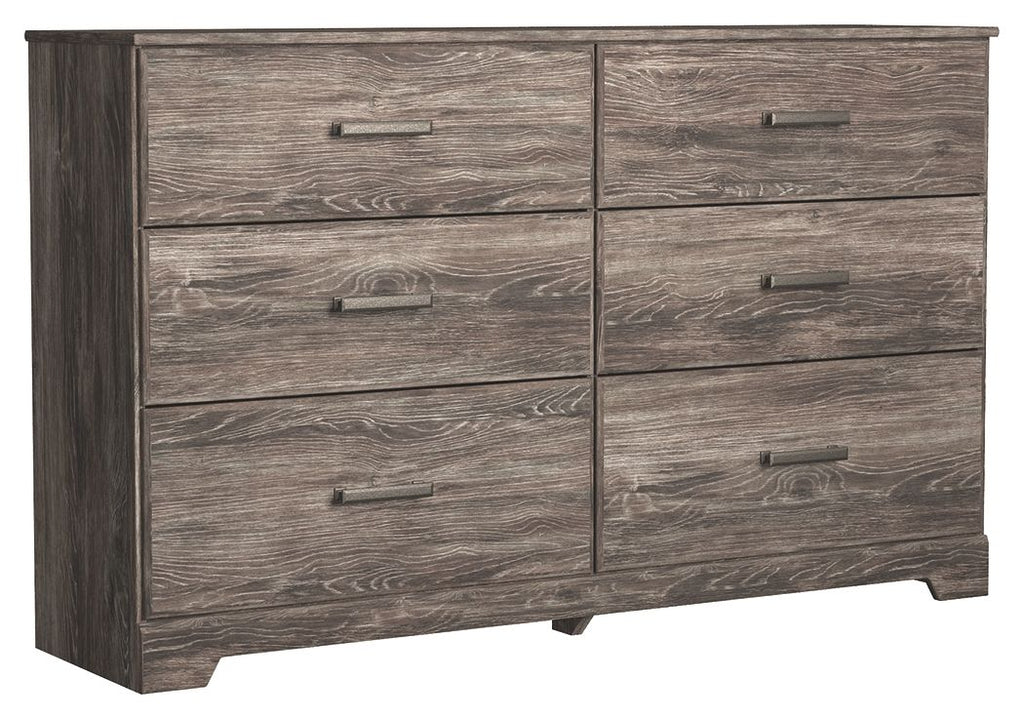 Gray 6-drawer dresser with recessed panels and bar pulls on each drawer