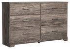 Gray 6-drawer dresser with recessed panels and bar pulls on each drawer