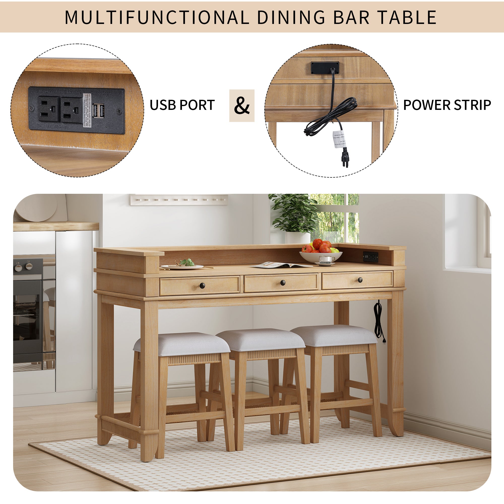 4-Pc Dining Set w/ 3 Stools (Natural)