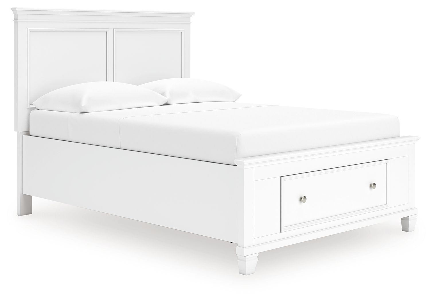 White panel bed with one underbed drawer, sloped footboard, and two pillows