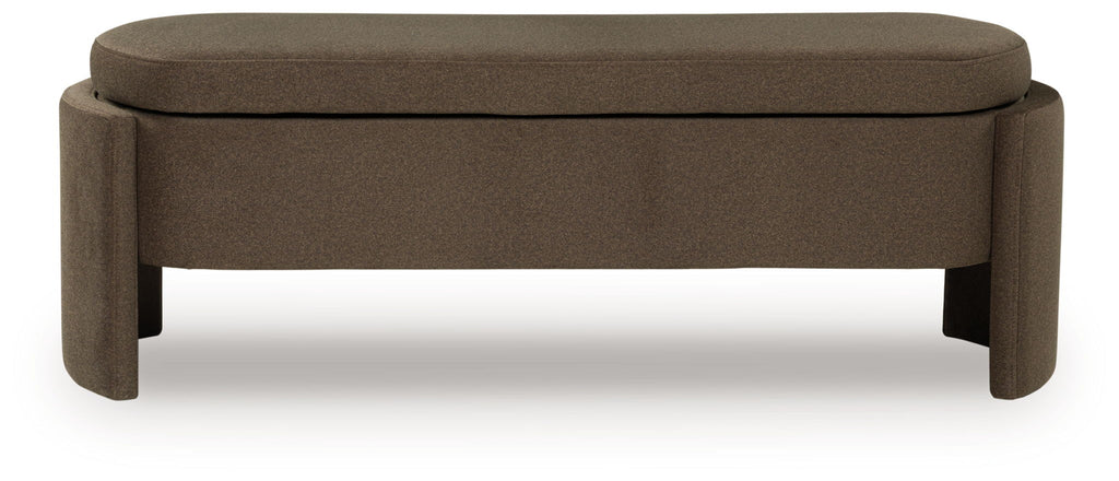 Brown upholstered storage bench with round cushioned top and sturdy legs