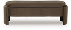 Brown upholstered storage bench with round cushioned top and sturdy legs