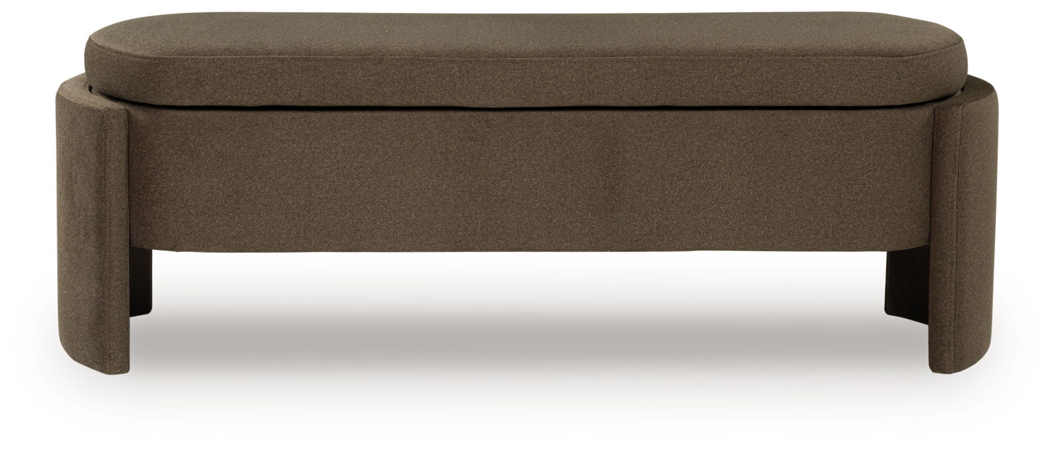 Brown upholstered storage bench with round cushioned top and sturdy legs