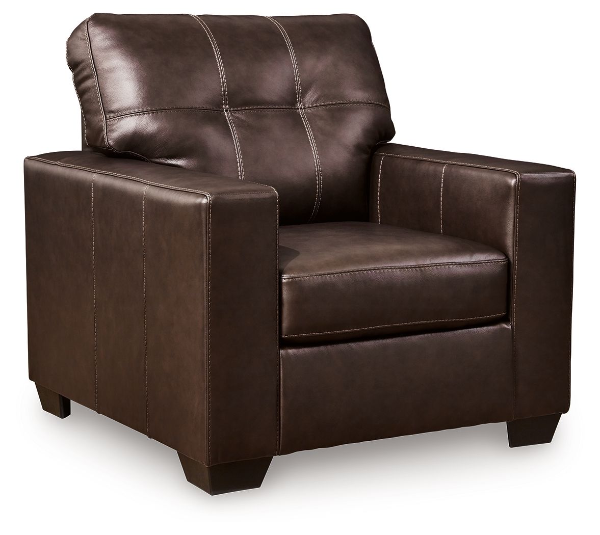 Dark brown leather accent chair with tufted back and square padded arms
