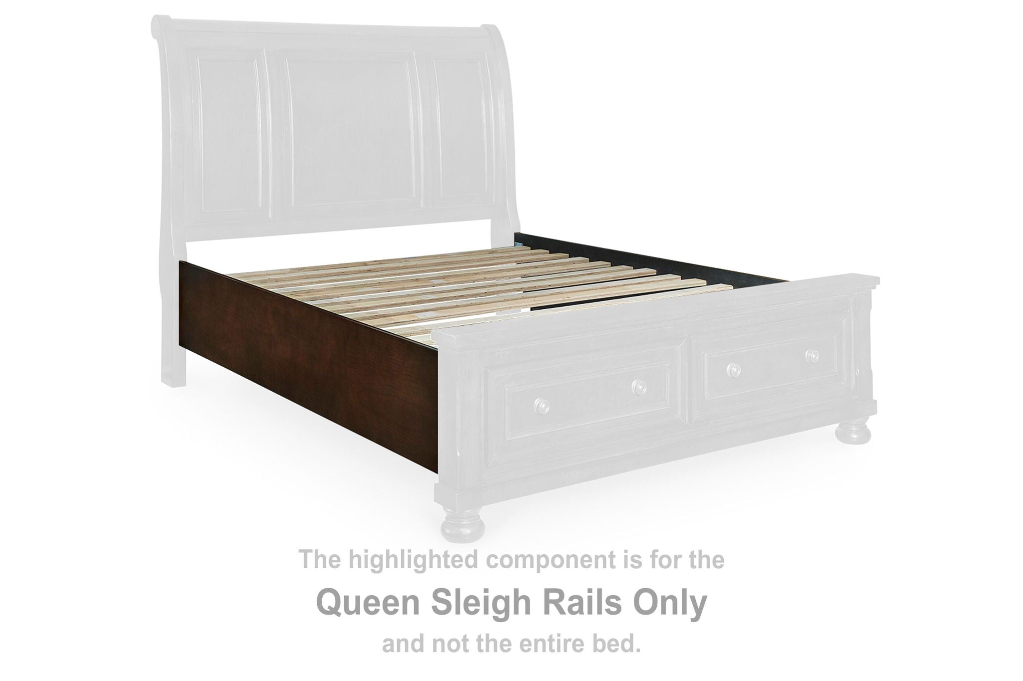 Queen sleigh bed rails set in rustic brown with white footboard panels