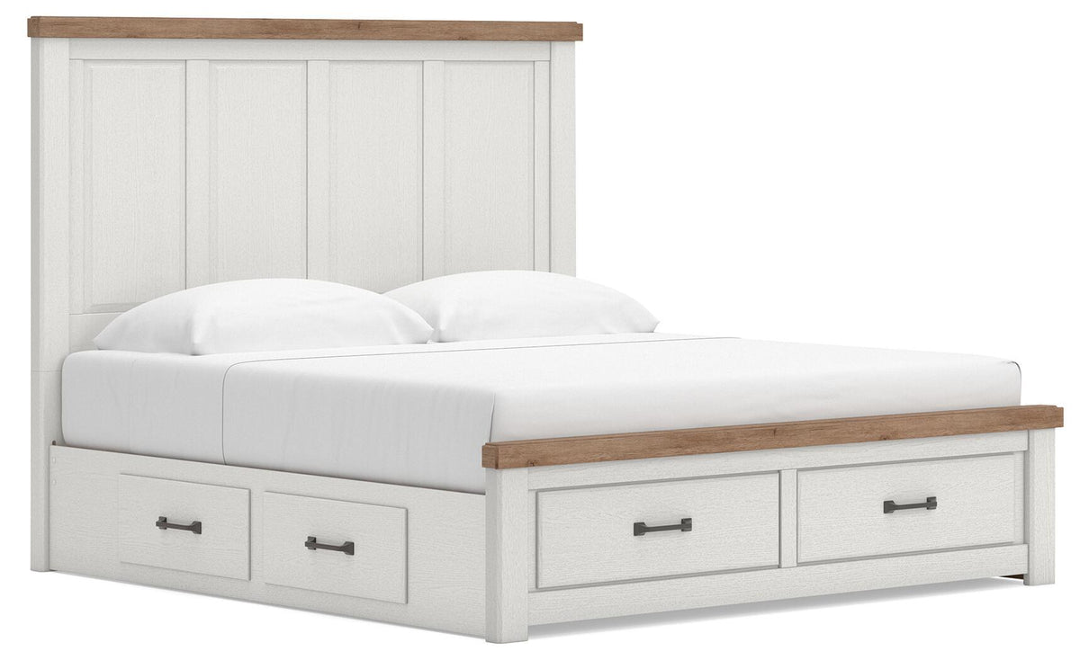 White panel storage bed with two under-bed drawers and wood-trim accents