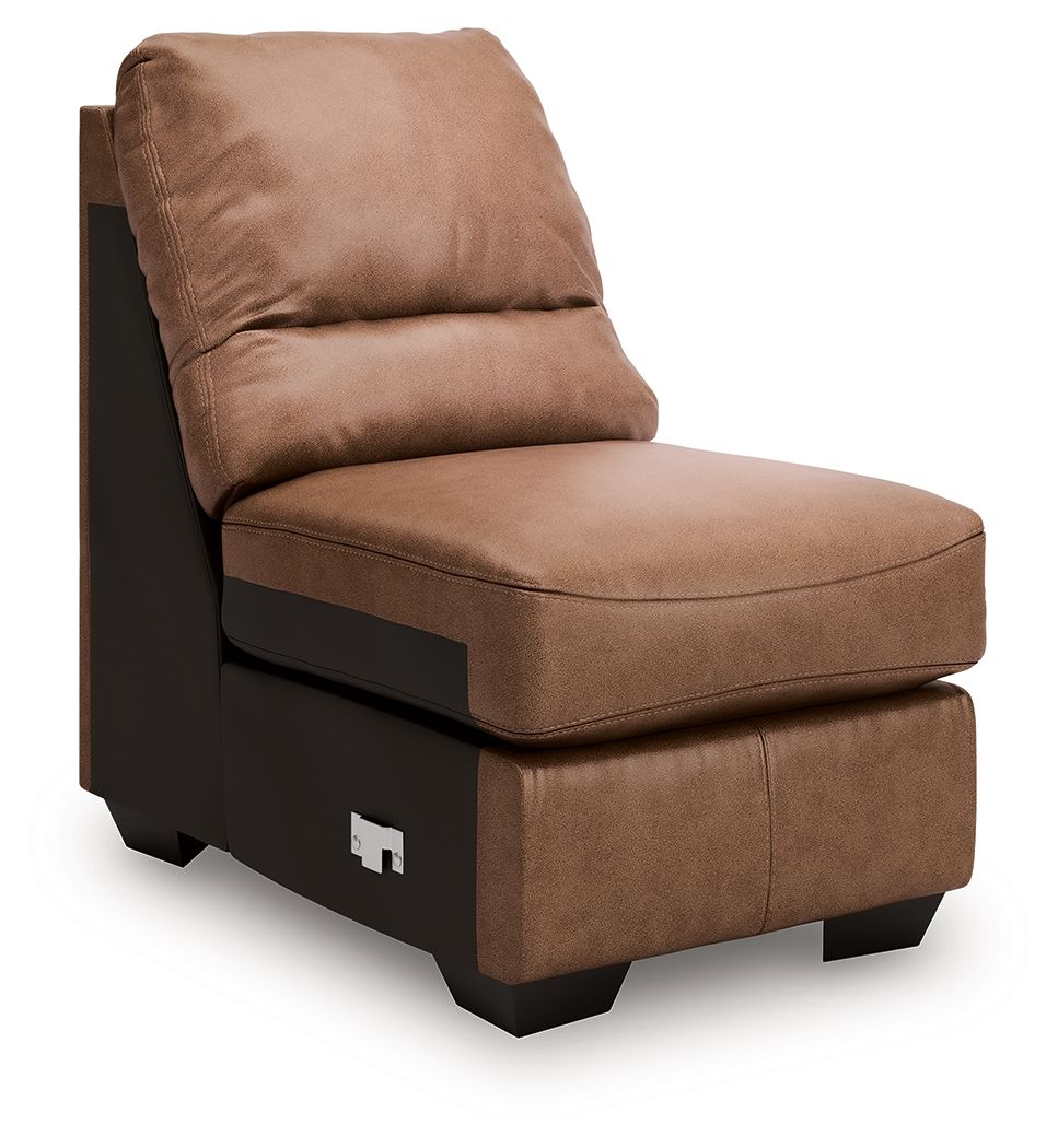 Caramel armless accent chair with tufted-look back and dark legs