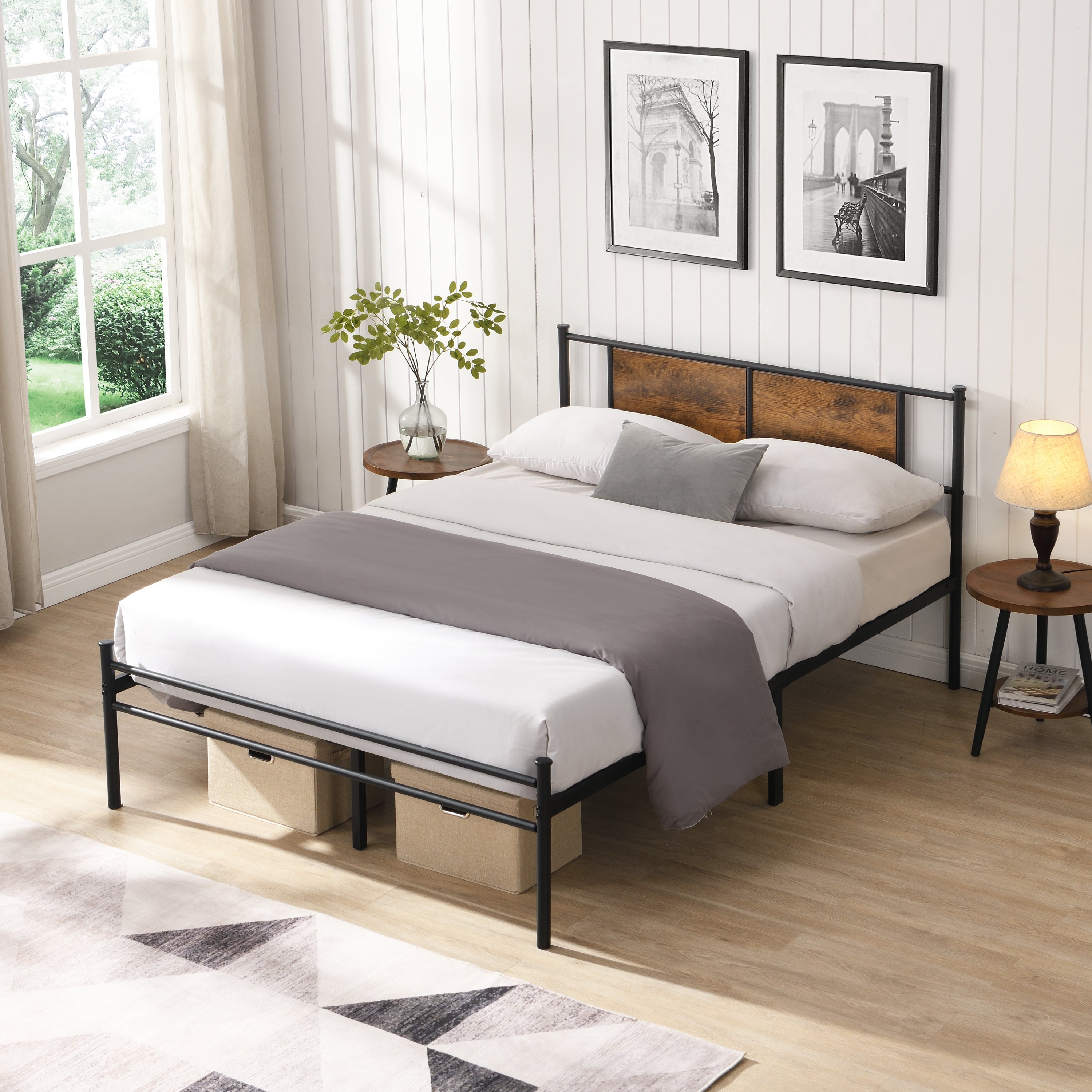 Black Metal Bed Frame w/ Wood Headboard