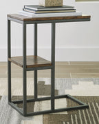 Accent table with dark metal frame, wood top and lower shelf, open sides.