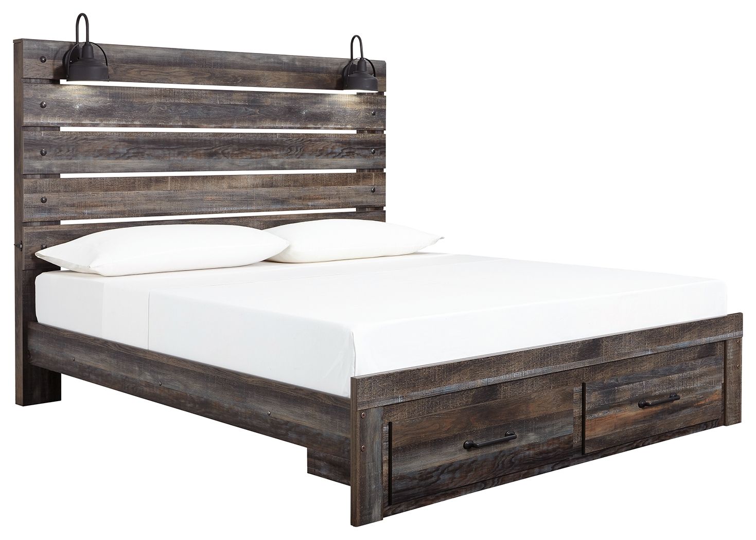 Panel bed with slatted headboard, dark wood frame and two side drawers, white mattress
