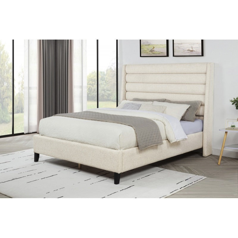 Beige Upholstered Queen Platform Bed with Rolled Channel Headboard