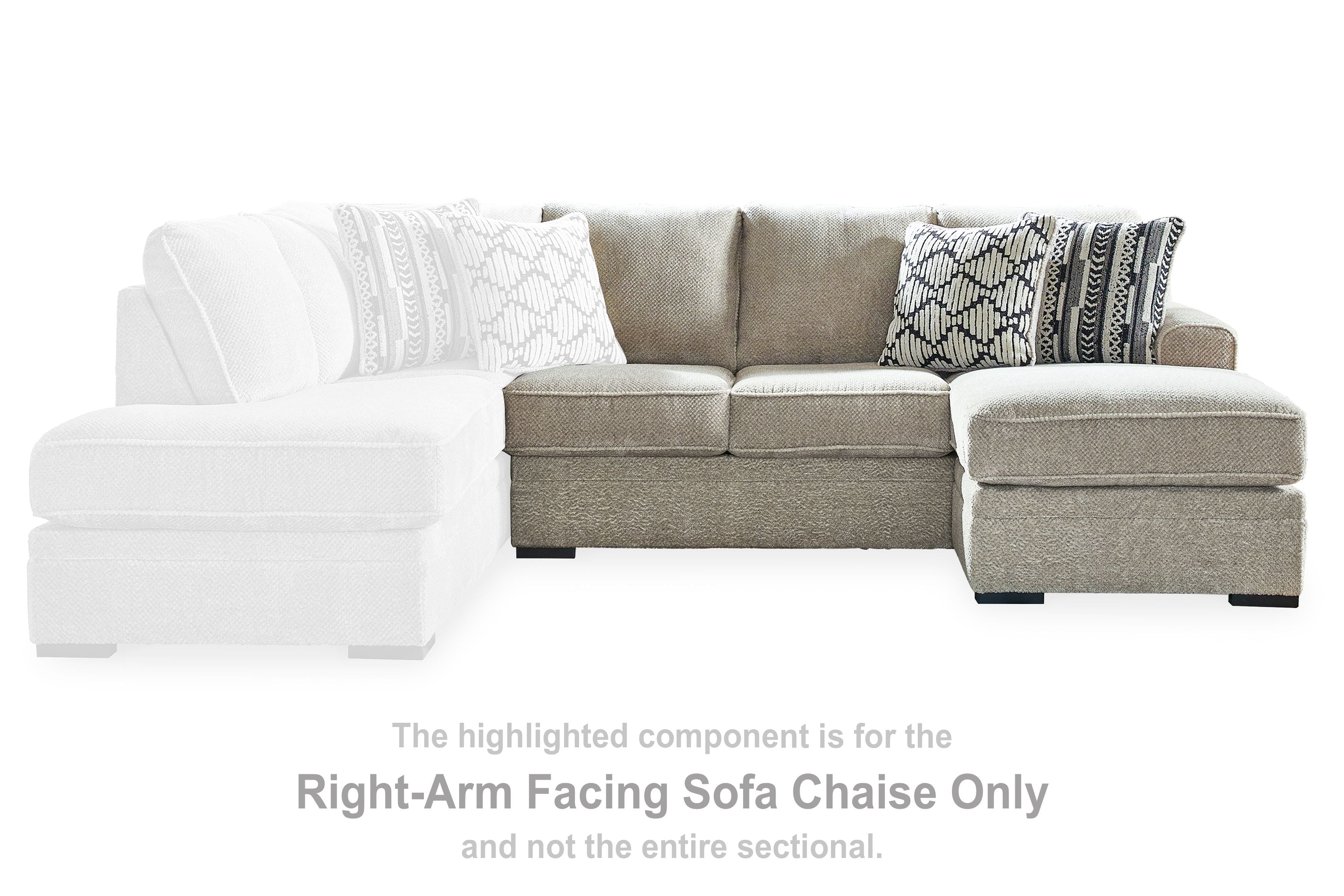 Right-arm facing sofa chaise with light upholstery, three back cushions and patterned pillows