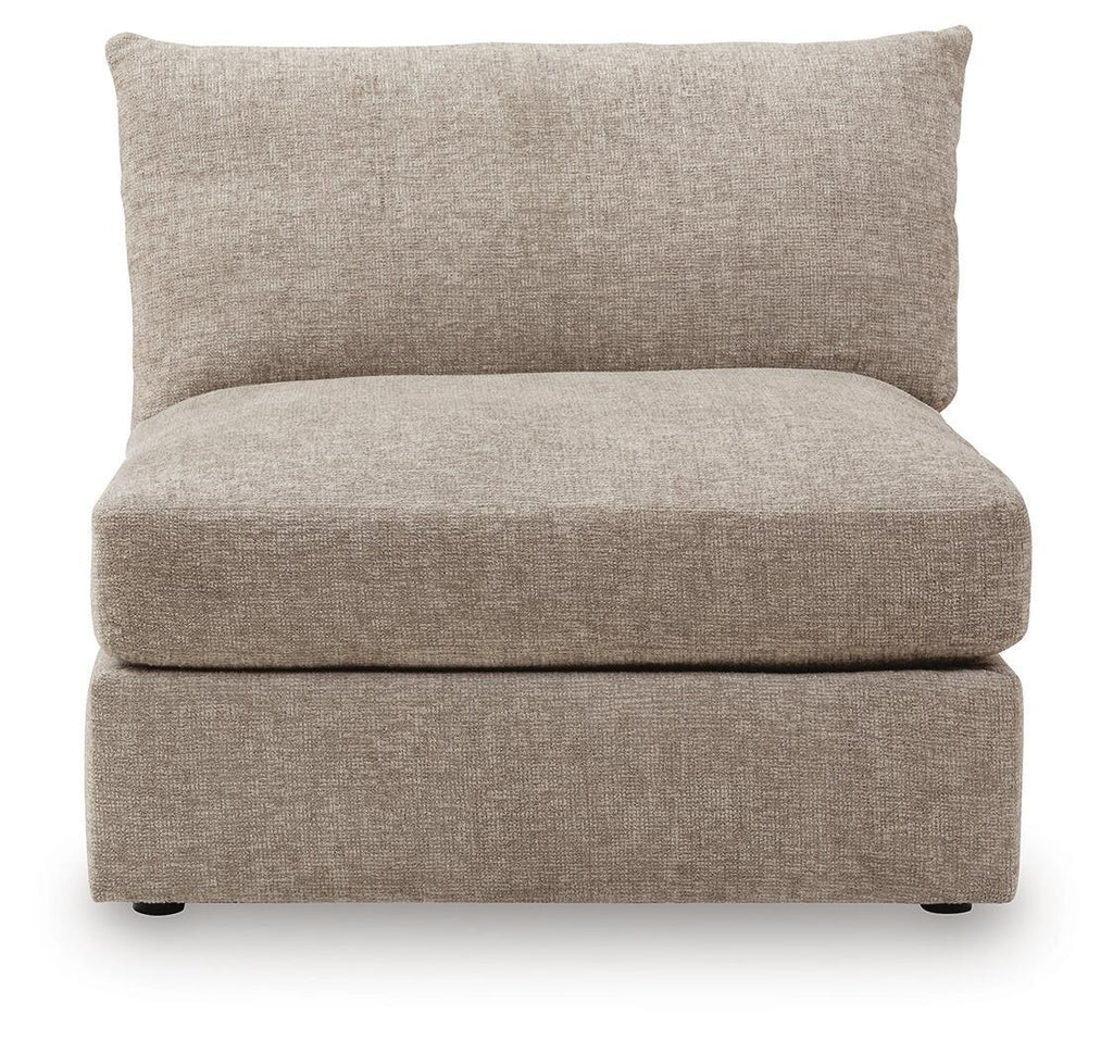 Beige burlap armless chair with tall backrest and cushioned seat, front view