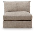 Beige burlap armless chair with tall backrest and cushioned seat, front view
