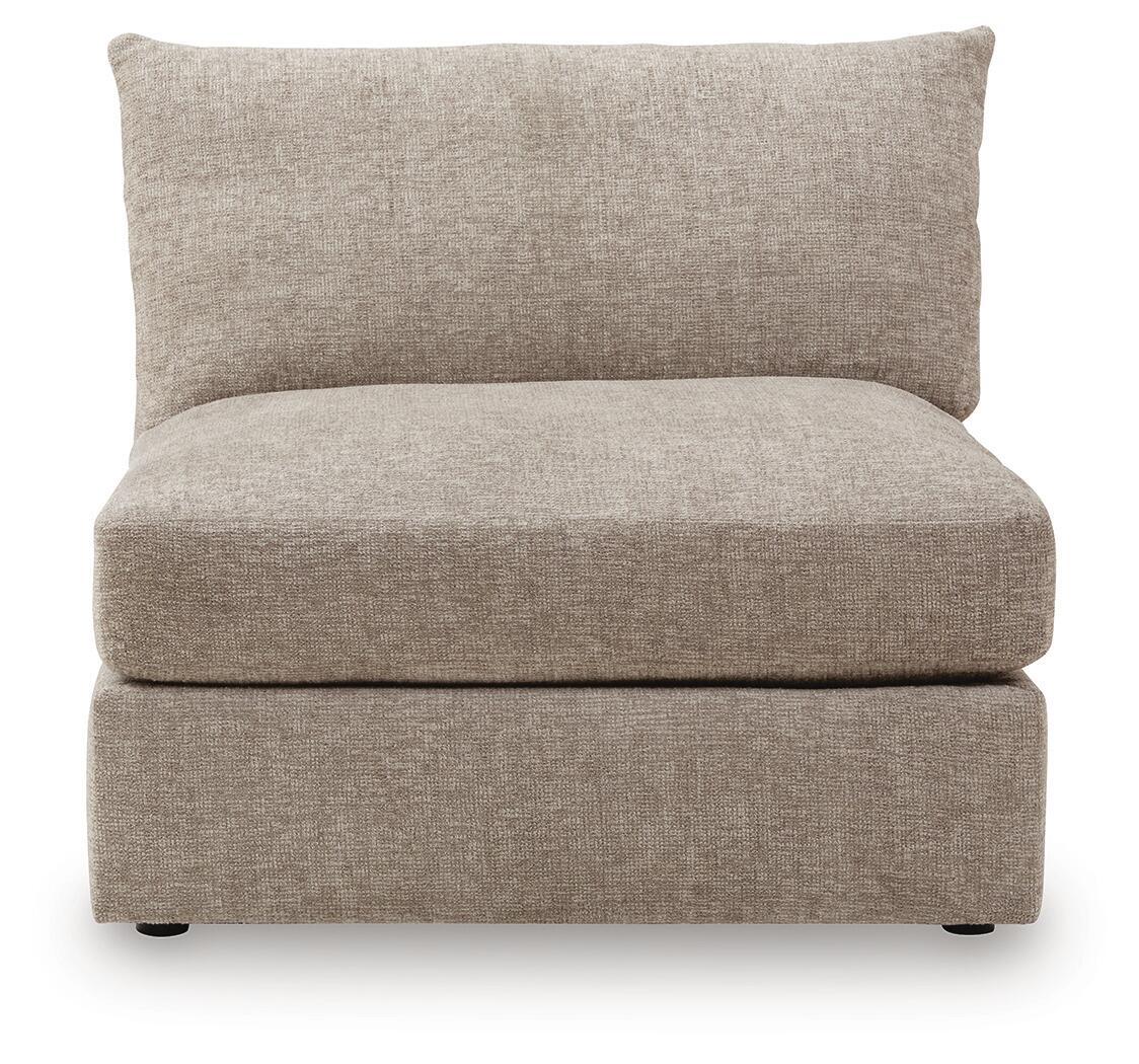 Beige burlap armless chair with tall backrest and cushioned seat, front view