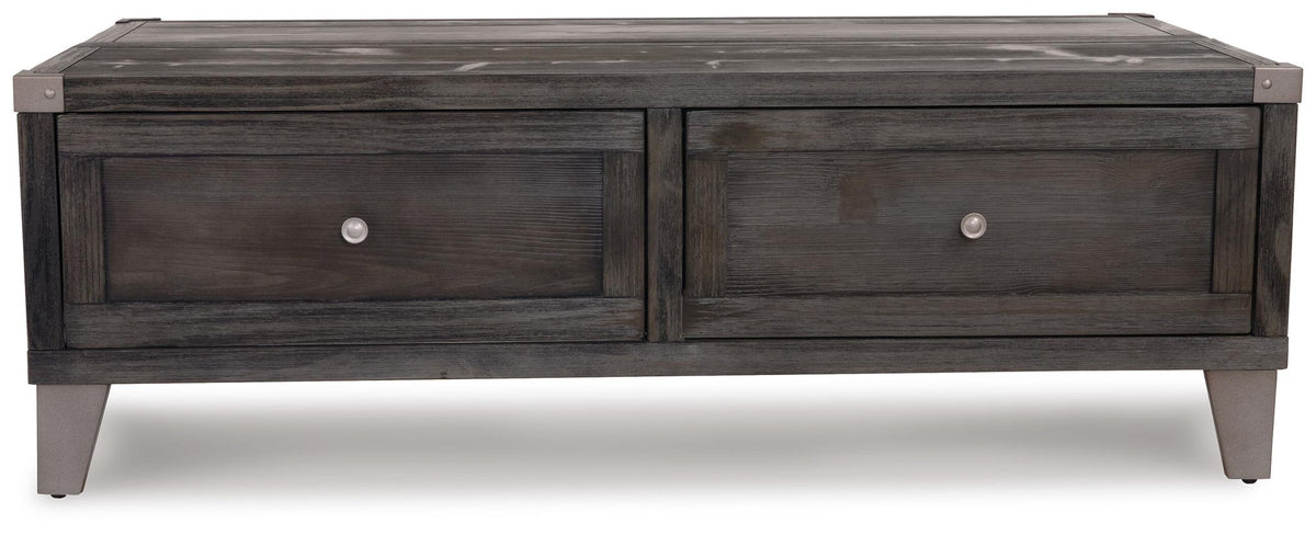 Dark gray lift-top cocktail table with two front drawers and lift lid