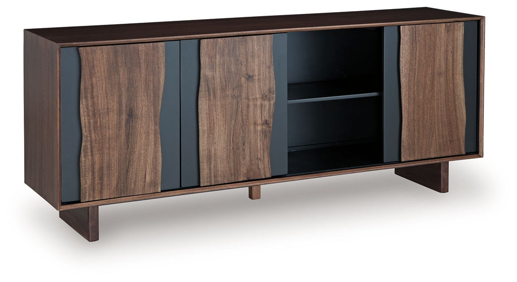 Brown and charcoal accent cabinet with side doors and central open shelving