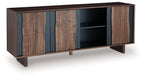 Brown and charcoal accent cabinet with side doors and central open shelving