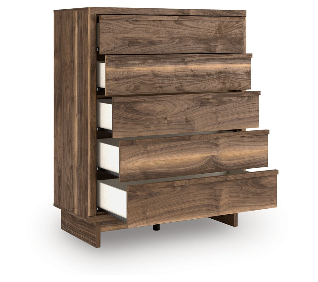 Brown five-drawer wide chest side view with drawers partially open and wood-grain front