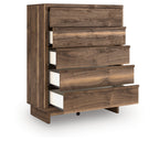 Brown five-drawer wide chest side view with drawers partially open and wood-grain front