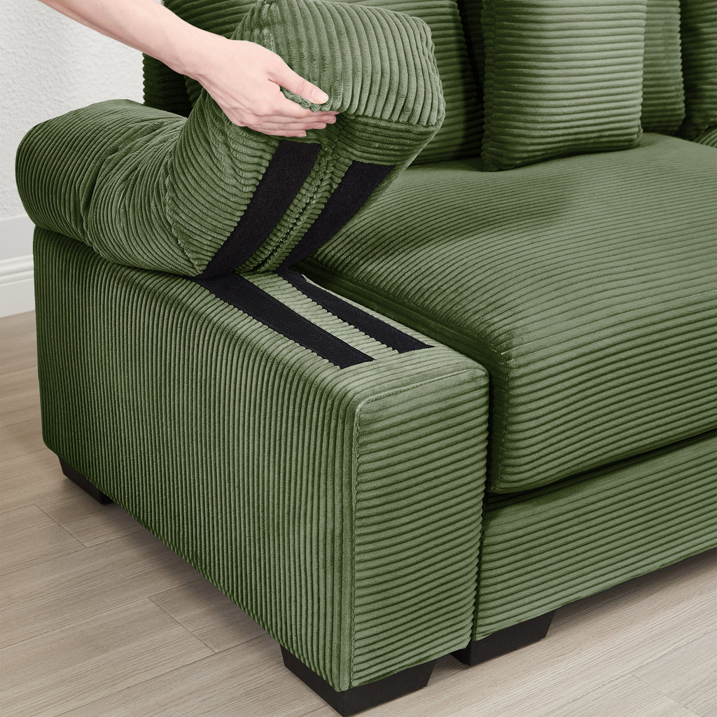 Green corduroy sectional sofa corner with armrest and striped upholstery