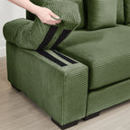Green corduroy sectional sofa corner with armrest and striped upholstery