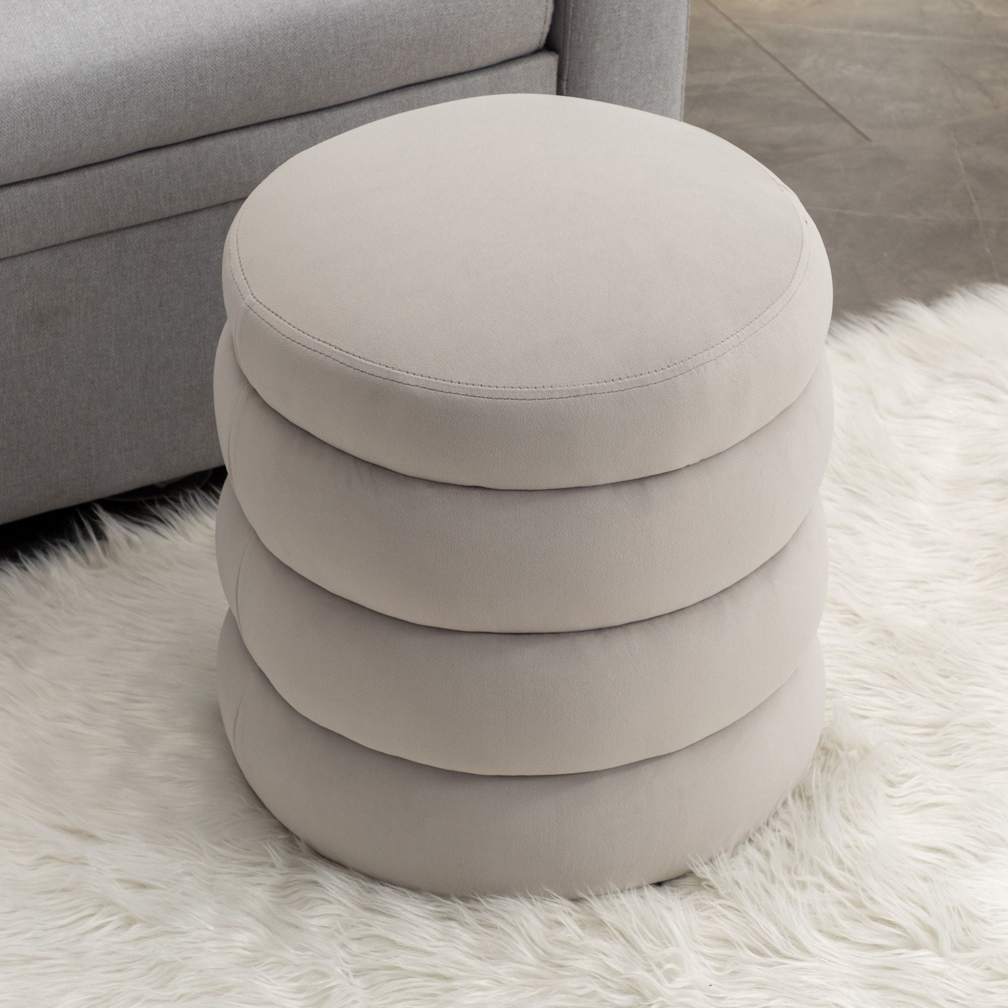 Soft Velvet Round Ottoman Footrest Stool, Light Gray
